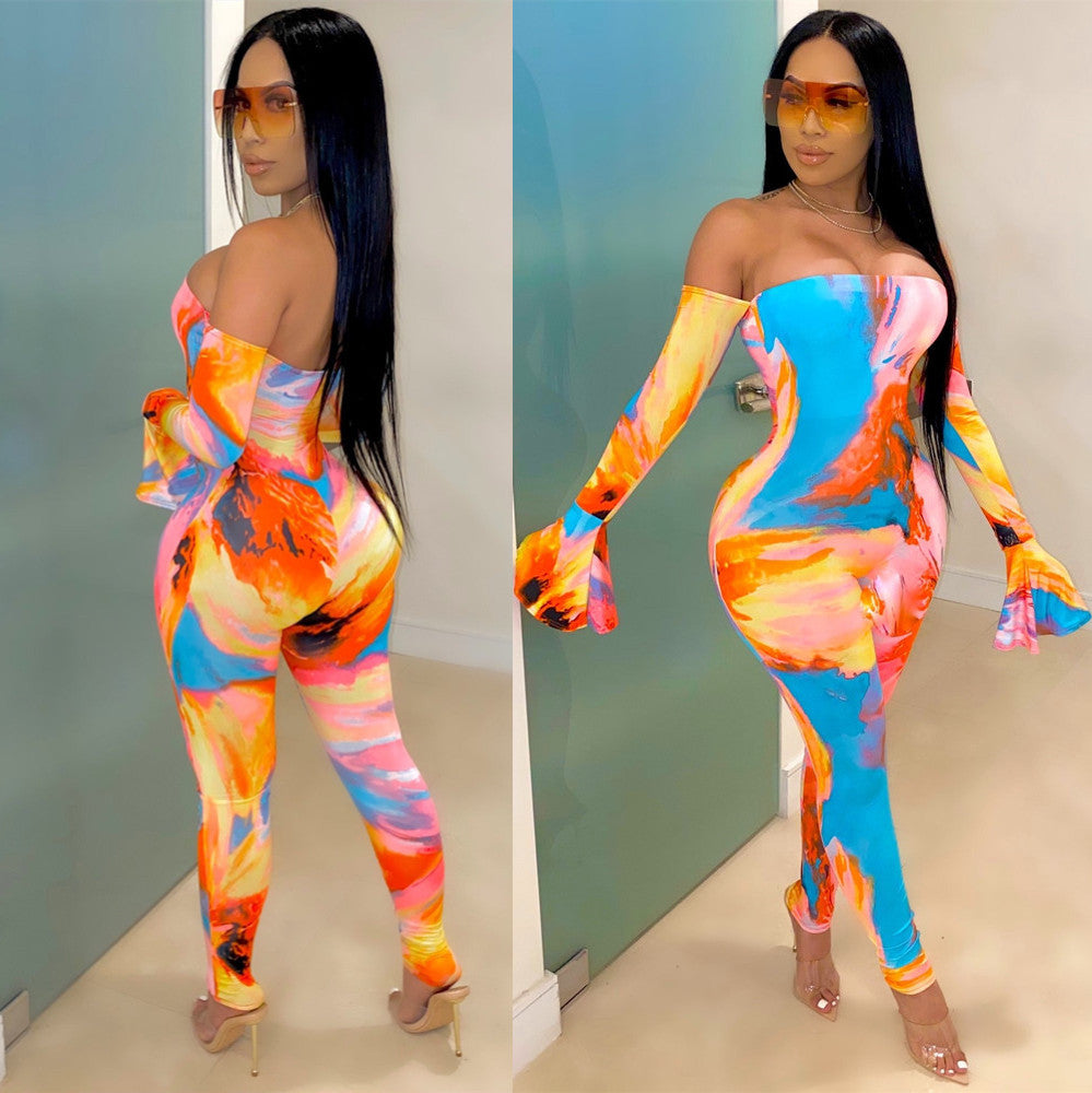 Dame Elegant gulvlangt Jumpsuit med vid armafslutning og skulderfri design Stilla