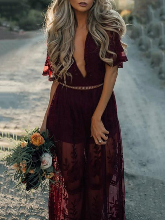 Stilla | Geometrico Pizzo Spacco Laterale Dyb V-hals Elegante Cocktail Graviditetskjoler