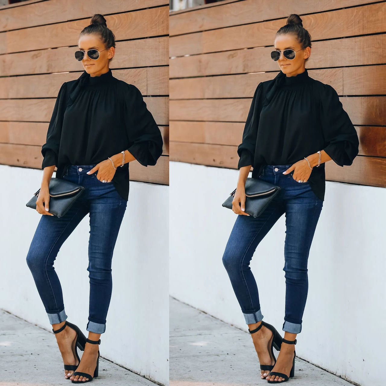 Dame Elegant Bluse med Sløjfe Detalje og Vide Ærmer Stiila