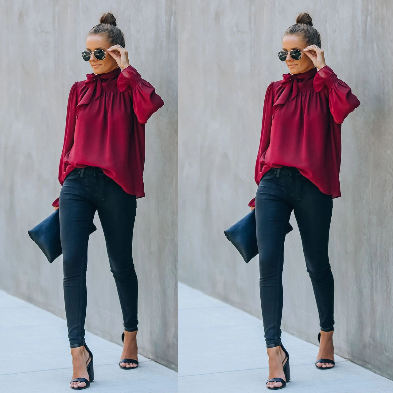 Dame Elegant Bluse med Sløjfe Detalje og Vide Ærmer Stiila