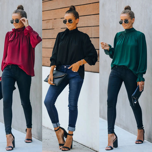 Dame Elegant Bluse med Sløjfe Detalje og Vide Ærmer Stiila