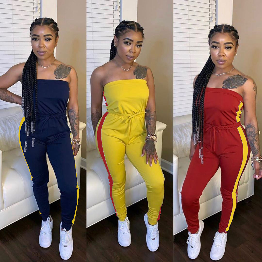 Dame Sporty Jumpsuit med bredtop og sidelange kontraststriber Stilla