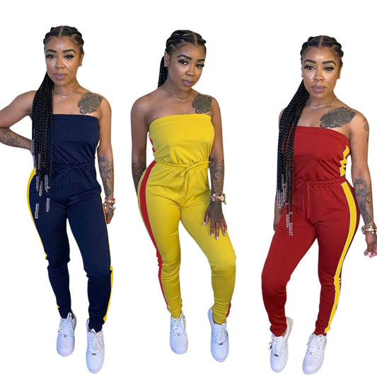 Dame Sporty Jumpsuit med bredtop og sidelange kontraststriber Stilla