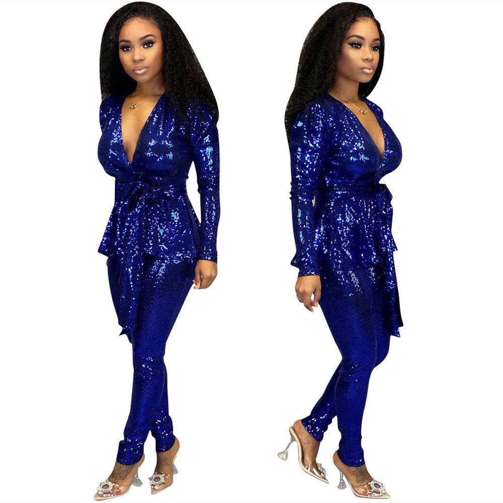 Dame Elegant Jumpsuit med glitrende detaljer og stilfuld taljebælte Stilla