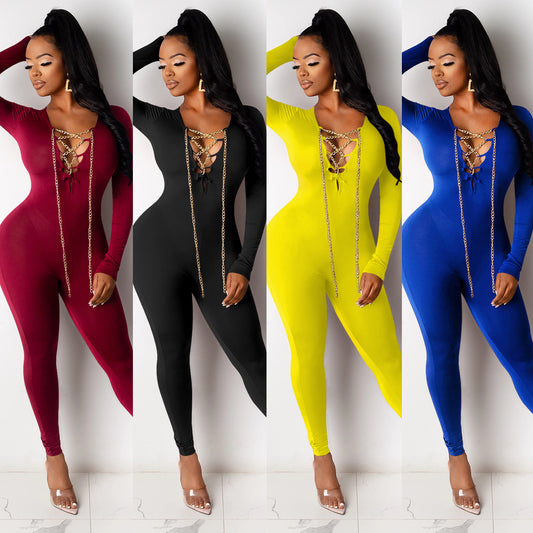 Dame Bodycon jumpsuit med dyb V-hals og iøjnefaldende snøredetaljer Stilla