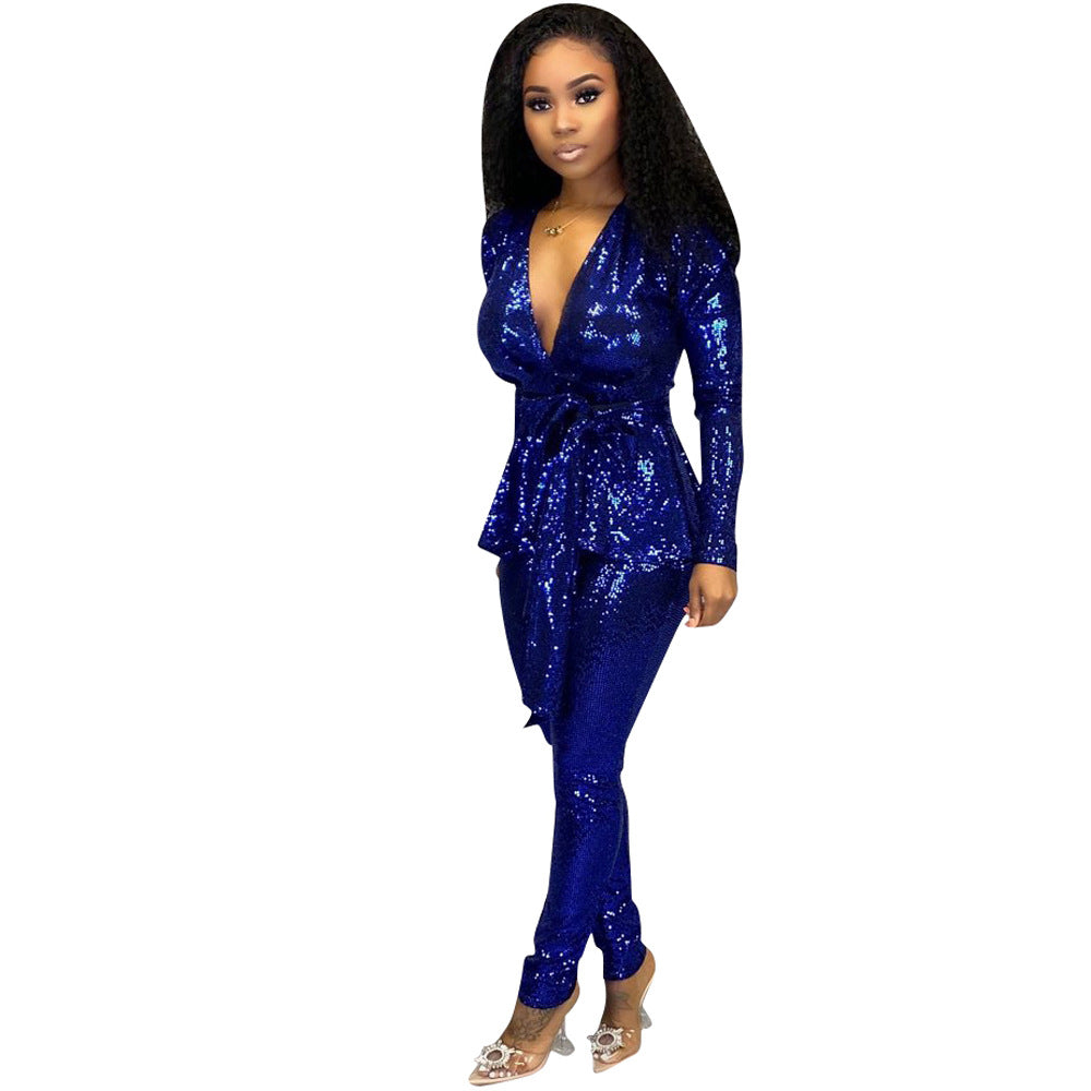 Dame Elegant Jumpsuit med glitrende detaljer og stilfuld taljebælte Stilla