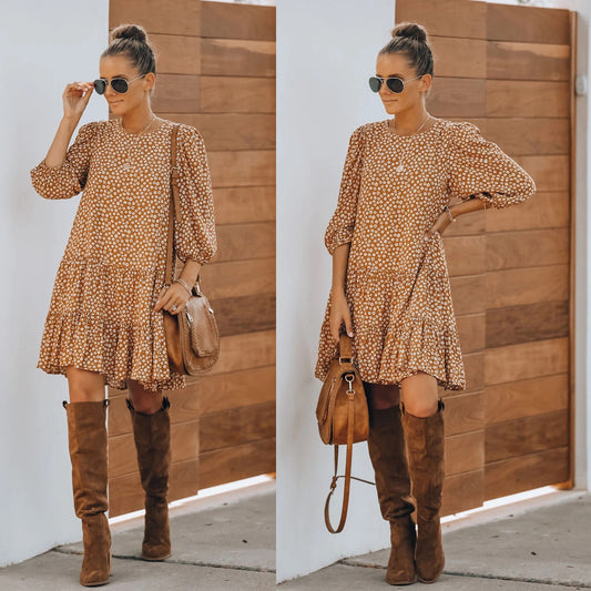 Dame afslappet skjortekjole med voluminøse ærmer og legesyg mønster Stiila