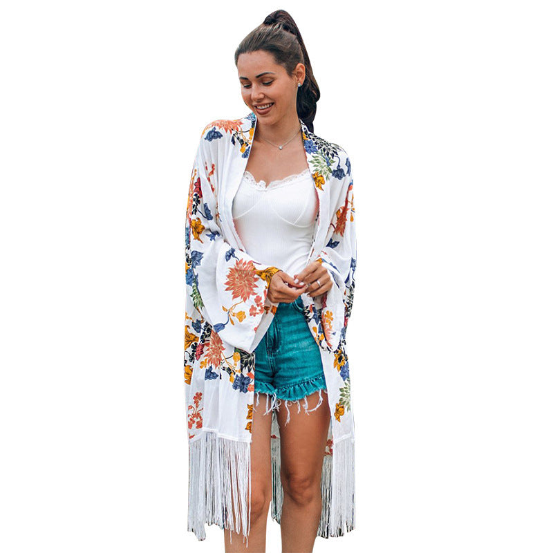 Dame afslappet strandkimono med legende frynsedetaljer Stilla