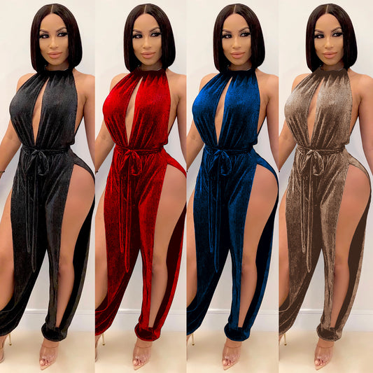 Dame Elegant Højhalset Jumpsuit med dybe Sideslids og Bindebælte Stilla