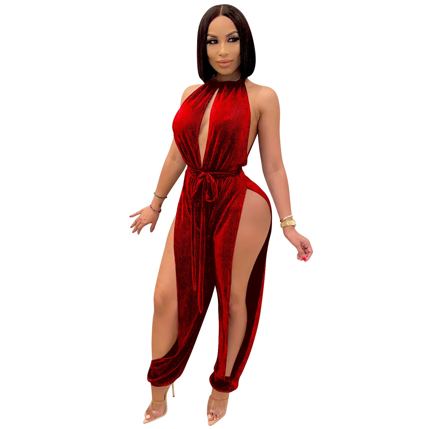 Dame Elegant Højhalset Jumpsuit med dybe Sideslids og Bindebælte Stilla