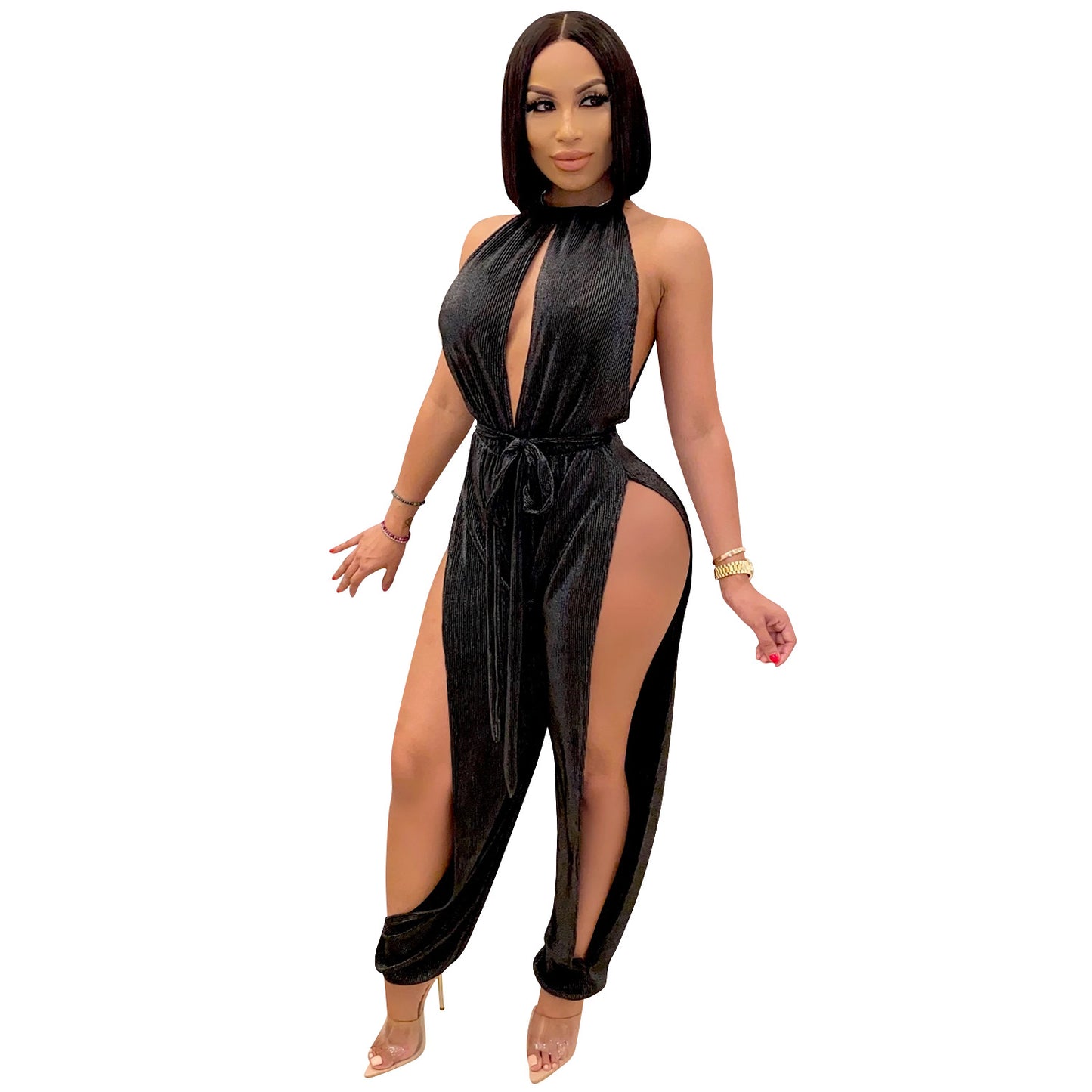 Dame Elegant Højhalset Jumpsuit med dybe Sideslids og Bindebælte Stilla