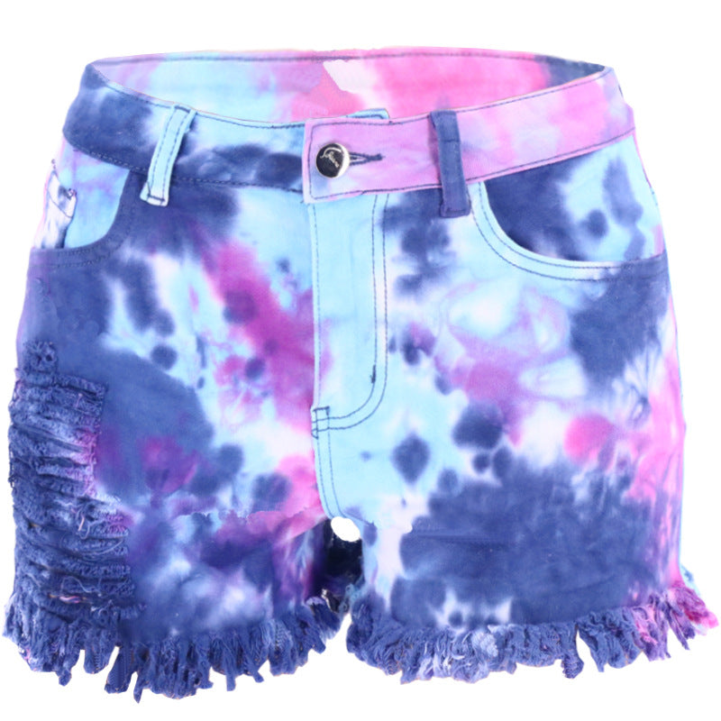 Dame afslappede Tie-Dye Denim-shorts med frynser og moderate huller Stilla