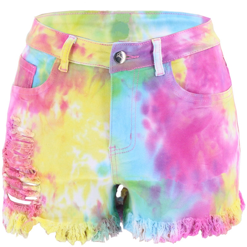 Dame afslappede Tie-Dye Denim-shorts med frynser og moderate huller Stilla