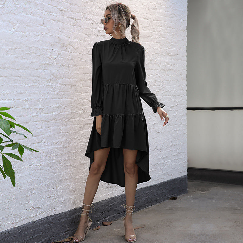 Dame Elegant asymmetrisk midi-kjole med ruffles og ståkrave Stilla