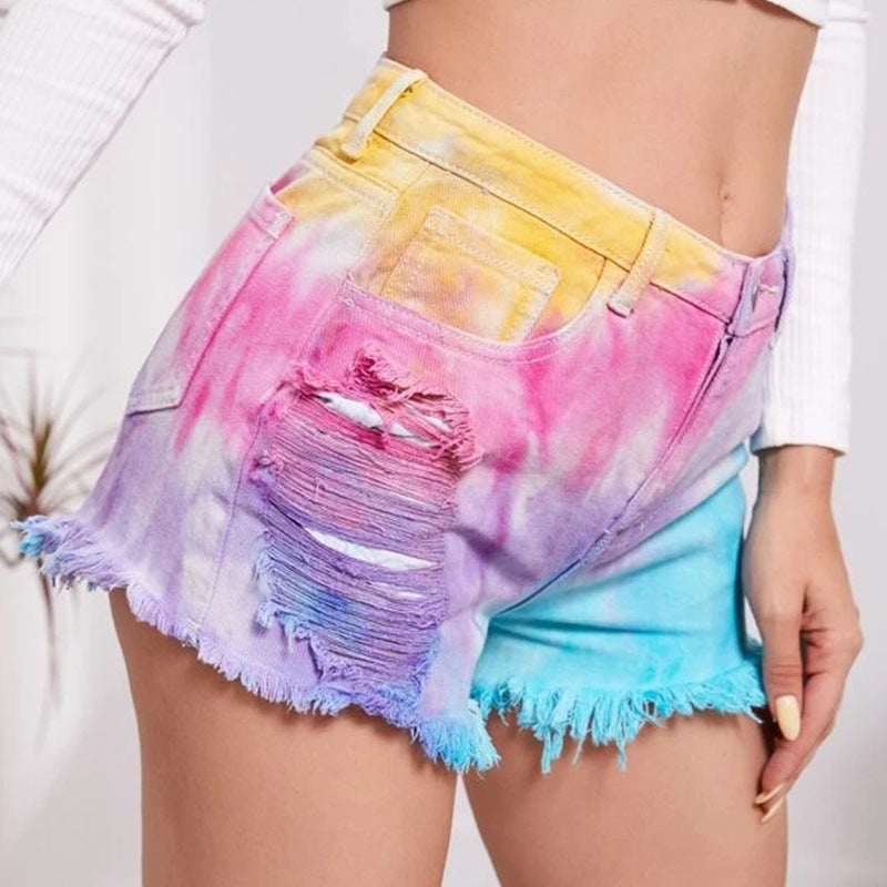 Dame afslappede Tie-Dye Denim-shorts med frynser og moderate huller Stilla