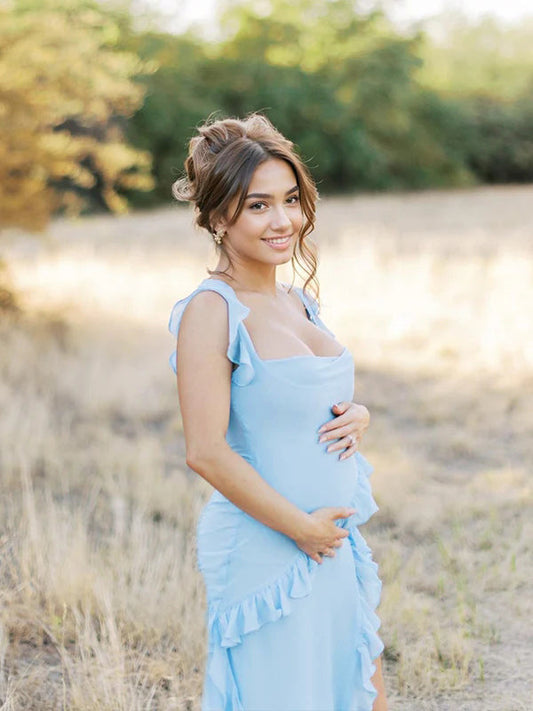 Stilla | Ensfarvet Chiffon Volanter Sidemanche Cocktail Elegante Tynd Maxi Kjoler Premaman