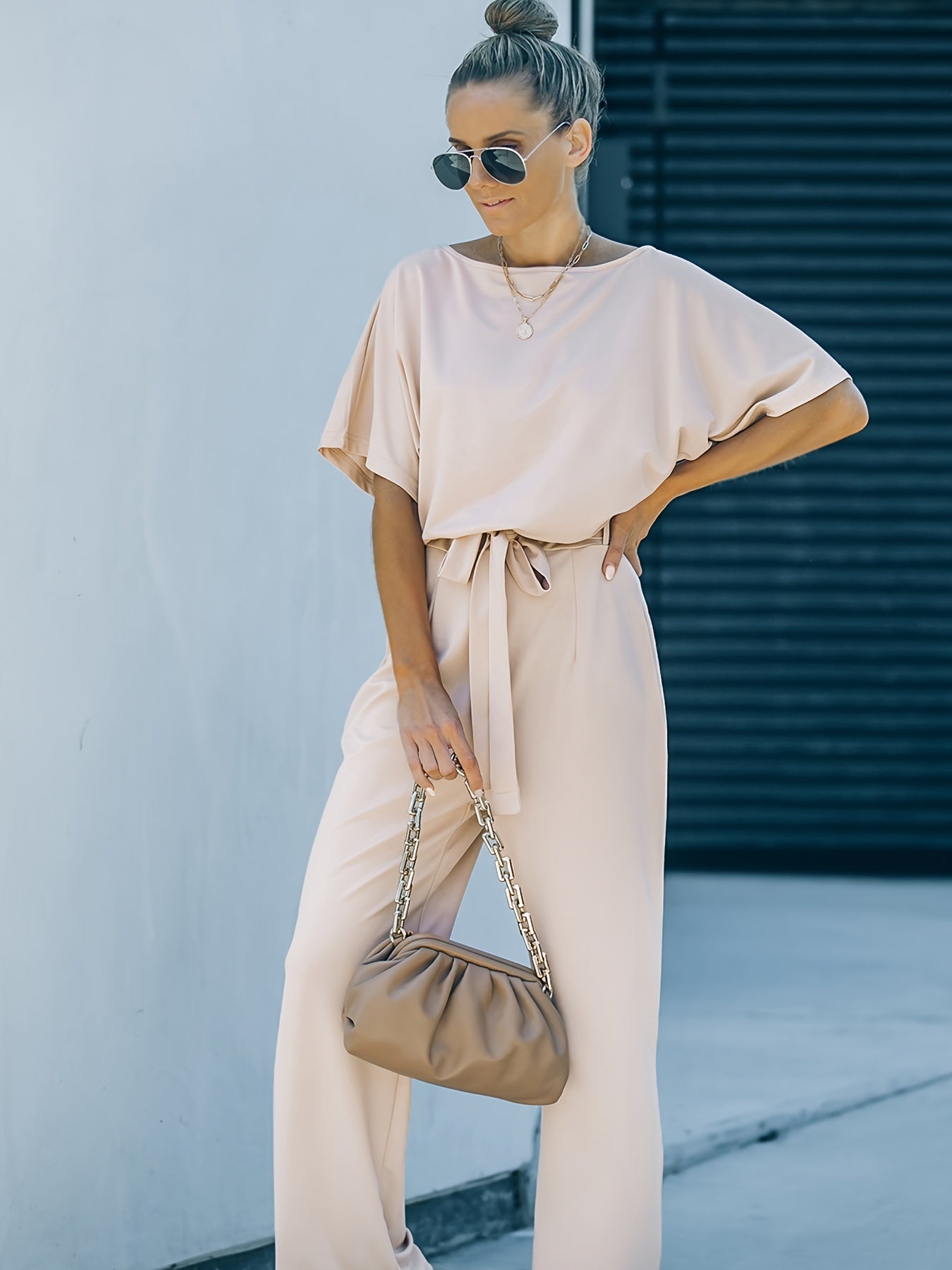 Stilla | Høj Talje Bred Ben Kortærmet Bælte Jumpsuit