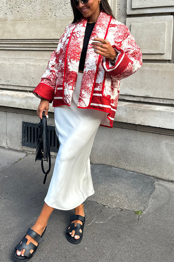 Stilla | Songs Porcelæns Tinte Trykt Taske Stoppet Bomulds Kimono Jakke