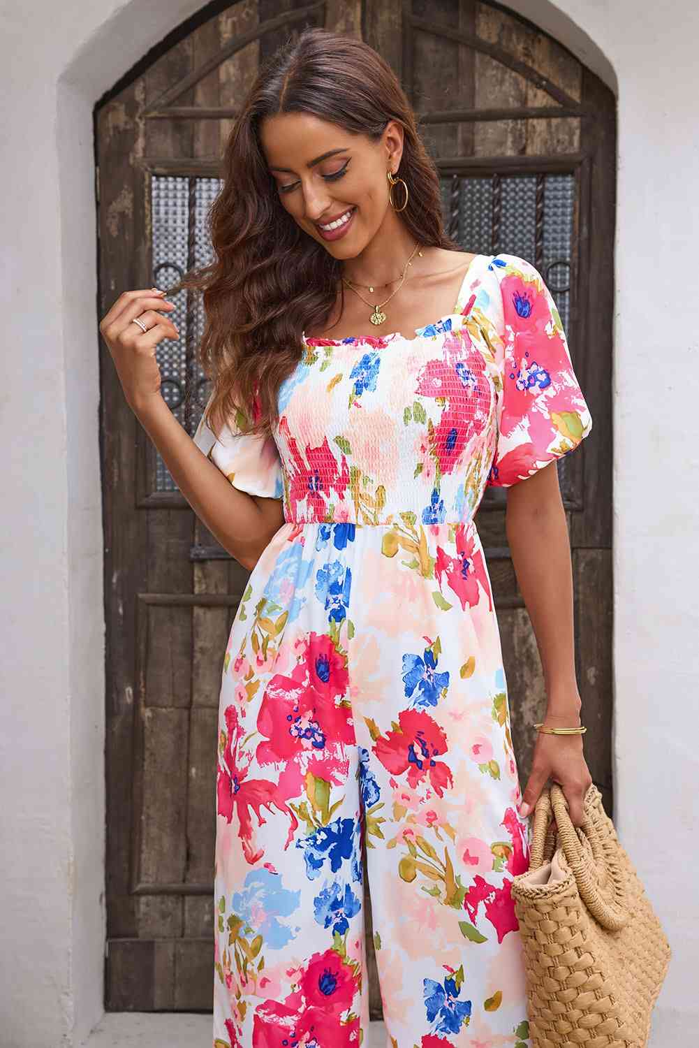 Stilla | Smocked firkantet hals jumpsuit