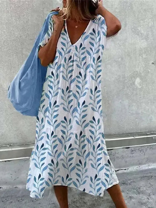 Stilla | Boho Strandkjole Til damer Sommerkjole Med V-udskæring og Korte ærmer I Blomsterprint