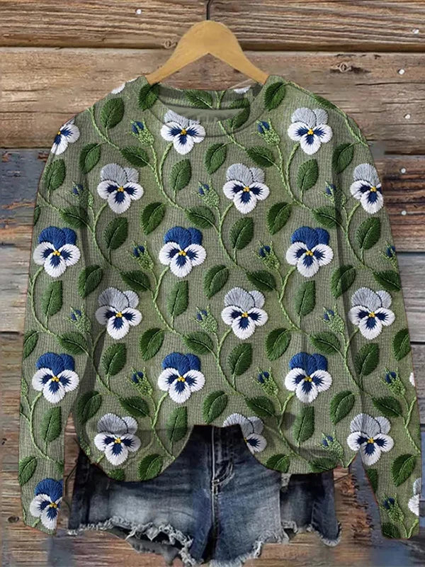 Stilla | Lækkert kvinde sweatshirtt med grafisk blomsterbladtryk og broderi
