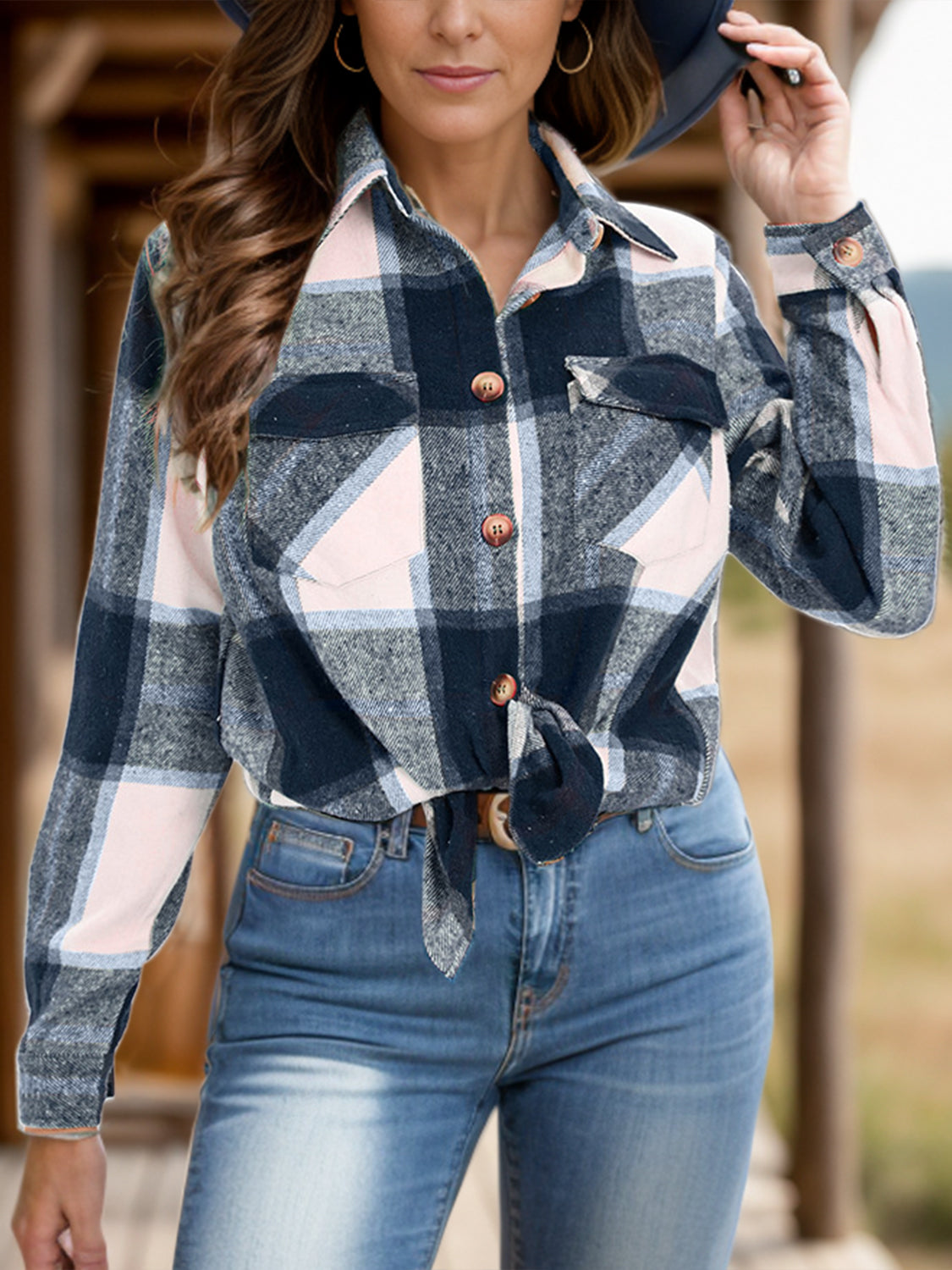 Stilla | Plus Size Pocketed Plaid Collet Hals Shacket