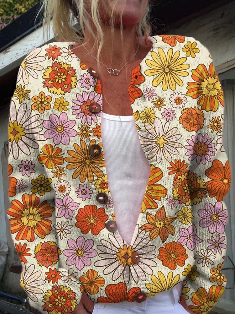 Stilla | Smuk Strikket Cardigan Med Blomstret Tryk og Knapper Til Kvinder