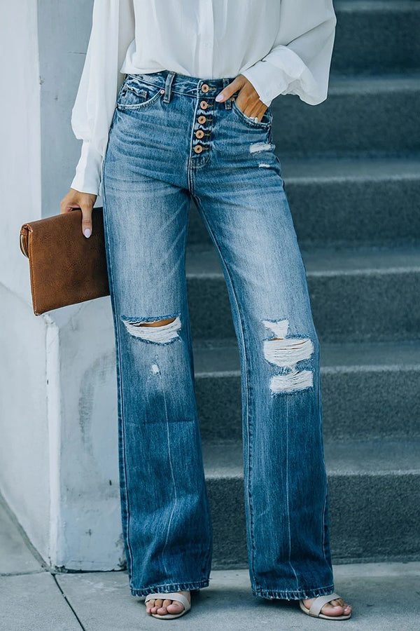 Stilla | Marcos Høj Talje Distressed Knap 90's Flare Denim