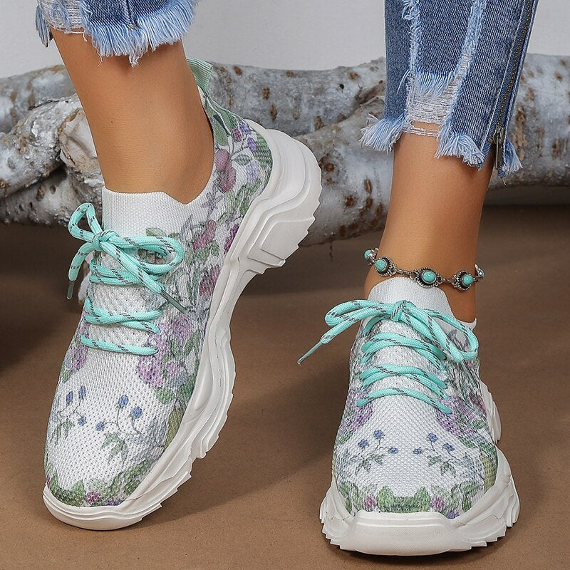Stilla | Åndbare Ortodontiske Sneakers Med Snørebånd Og Blomster Mønster