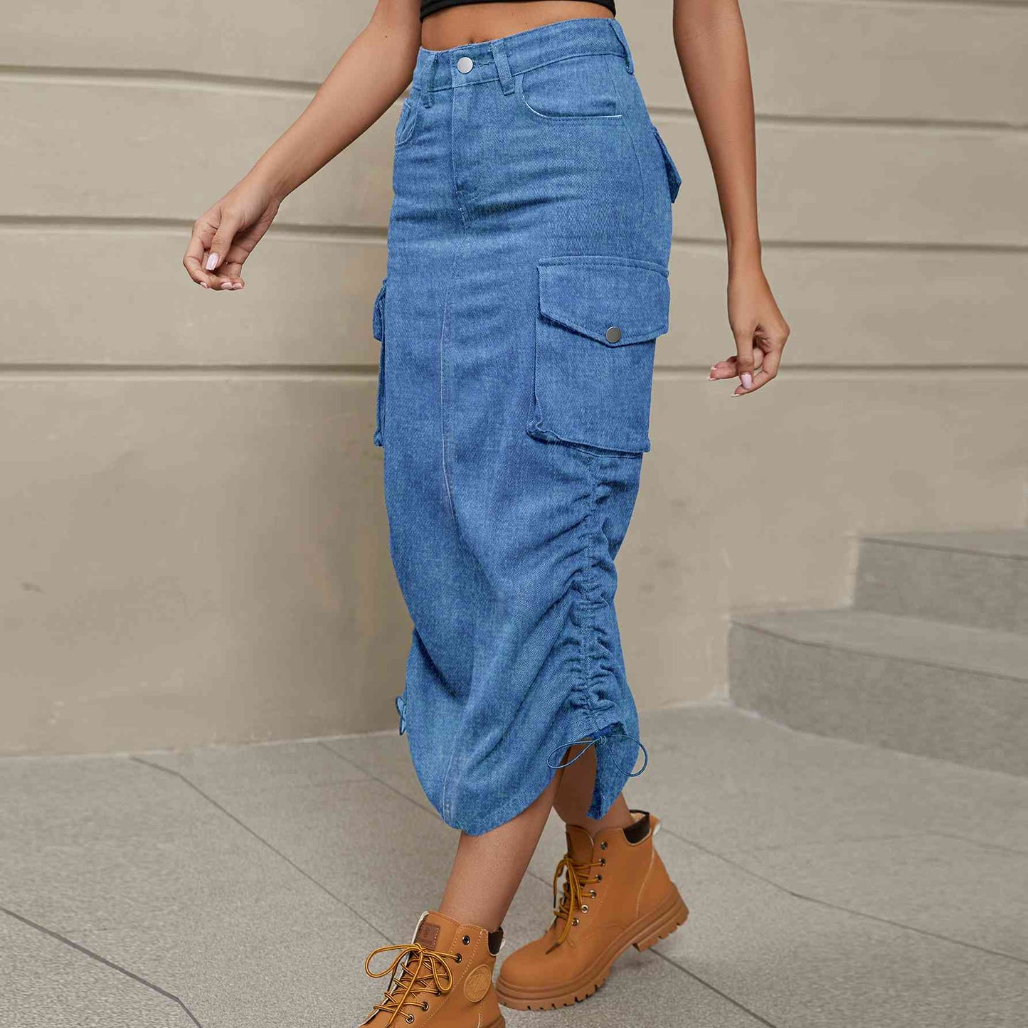 Stilla | Rynket Slids Denim Midi Nederdel