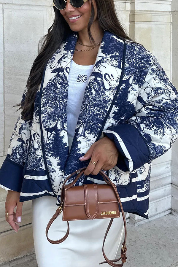 Stilla | Songs Porcelæns Tinte Trykt Taske Stoppet Bomulds Kimono Jakke