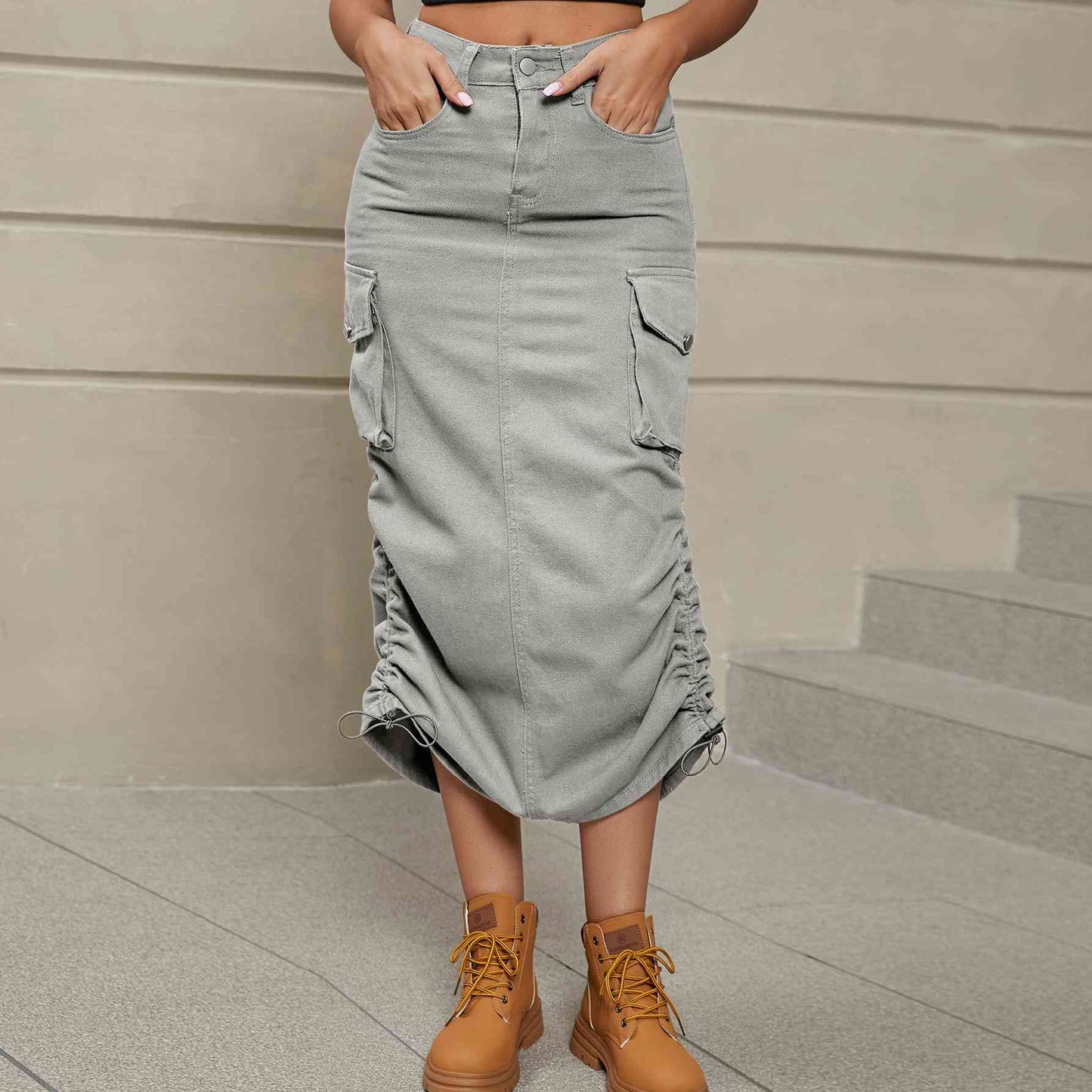 Stilla | Rynket Slids Denim Midi Nederdel