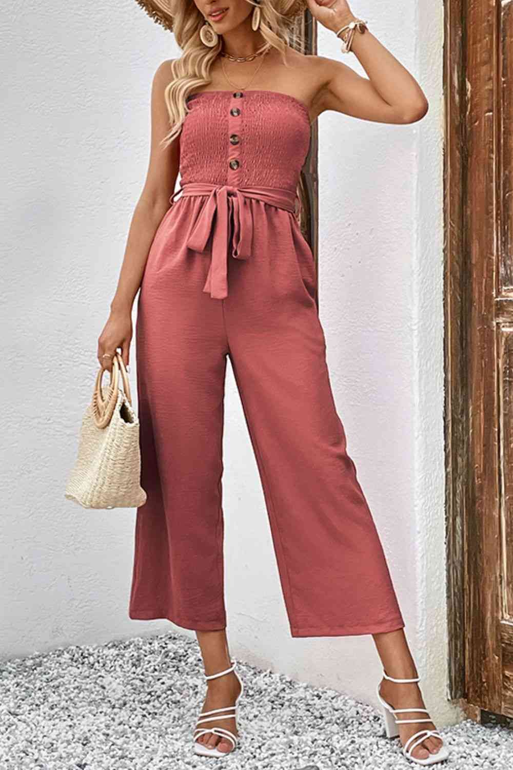Stilla | Knapstropløse Smocked Jumpsuit Med Lommer