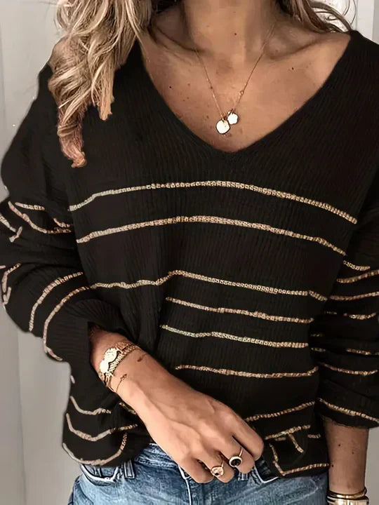Stilla | Stribet Mønster V-Hals Sweater