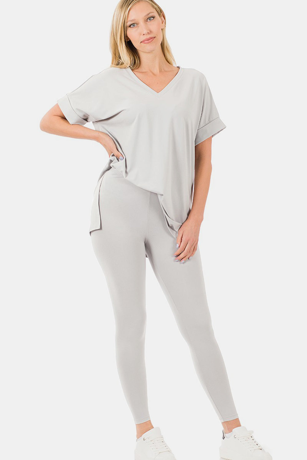 Stilla | V-hals Rullet Kortærmet T-shirt og Leggings Lounge Sæt