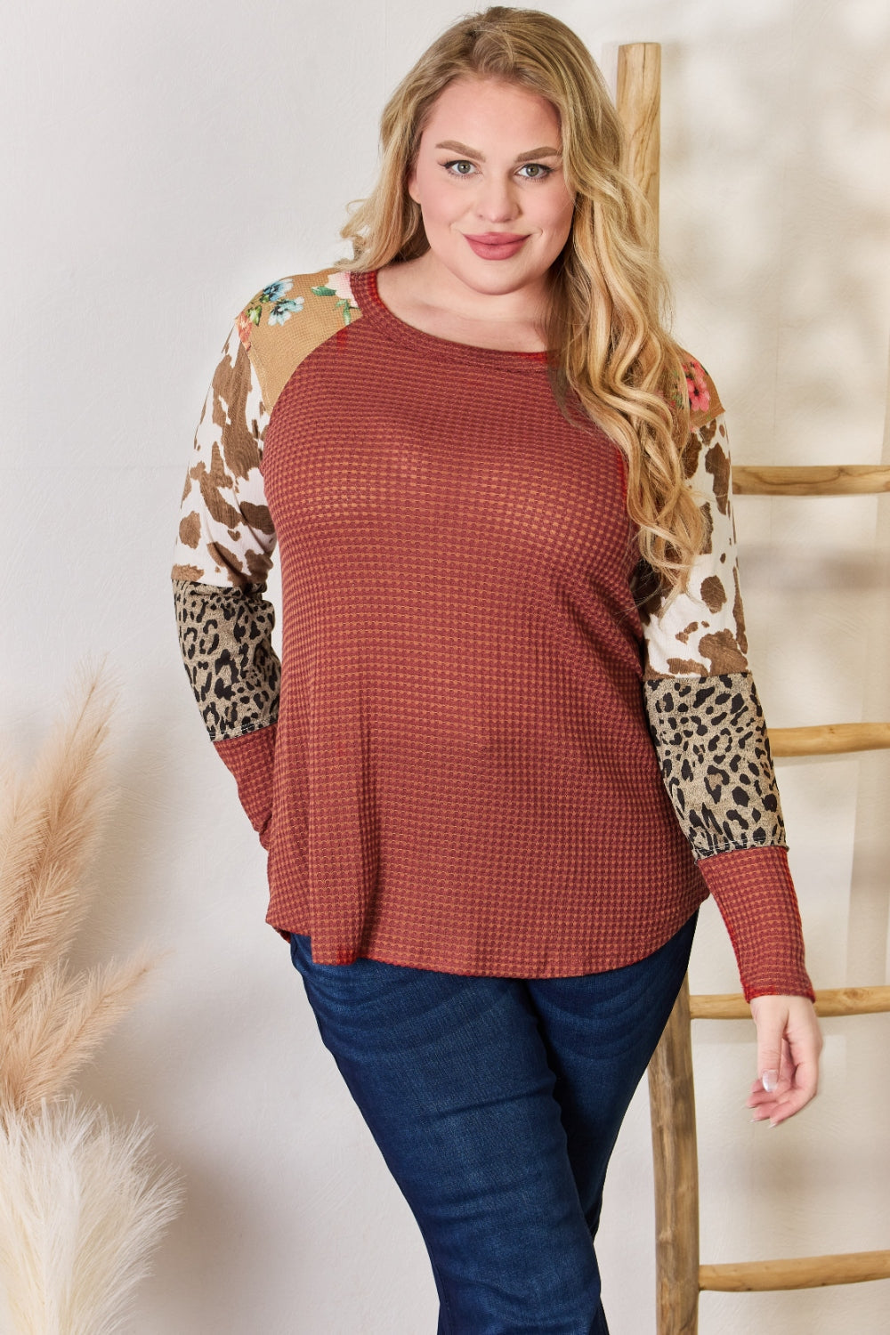 Stilla | Co Plus Size Leopard Vaffelstrik Bluse