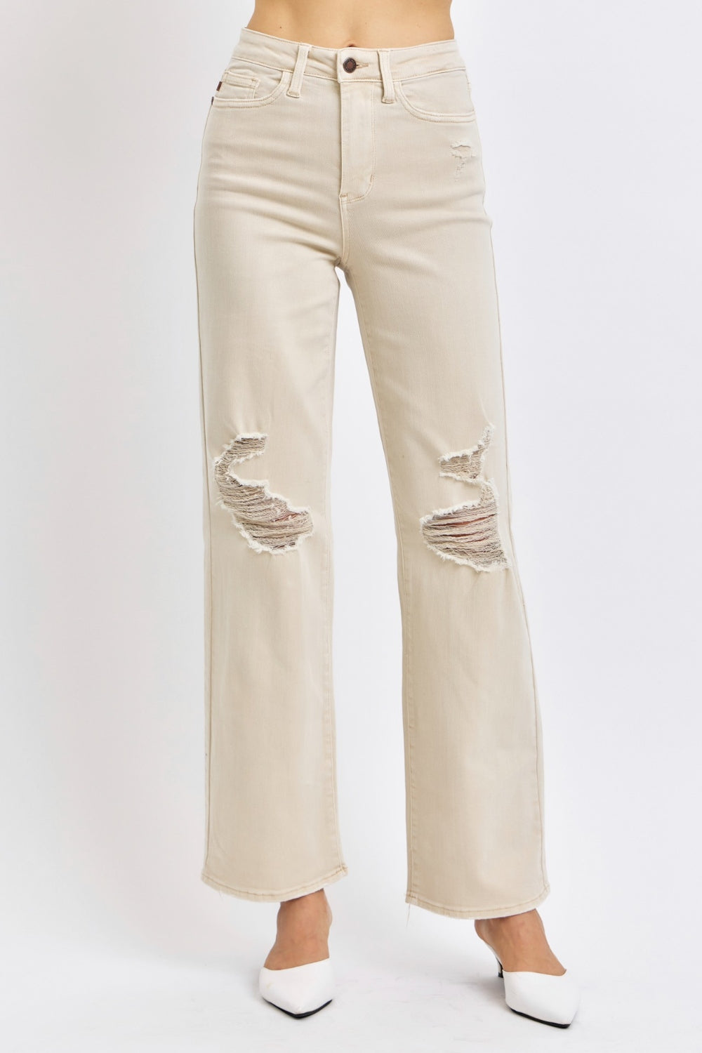 Stilla | Blå Fuldt Strørrelse Høj Talje Distressed Bred Ben Jeans
