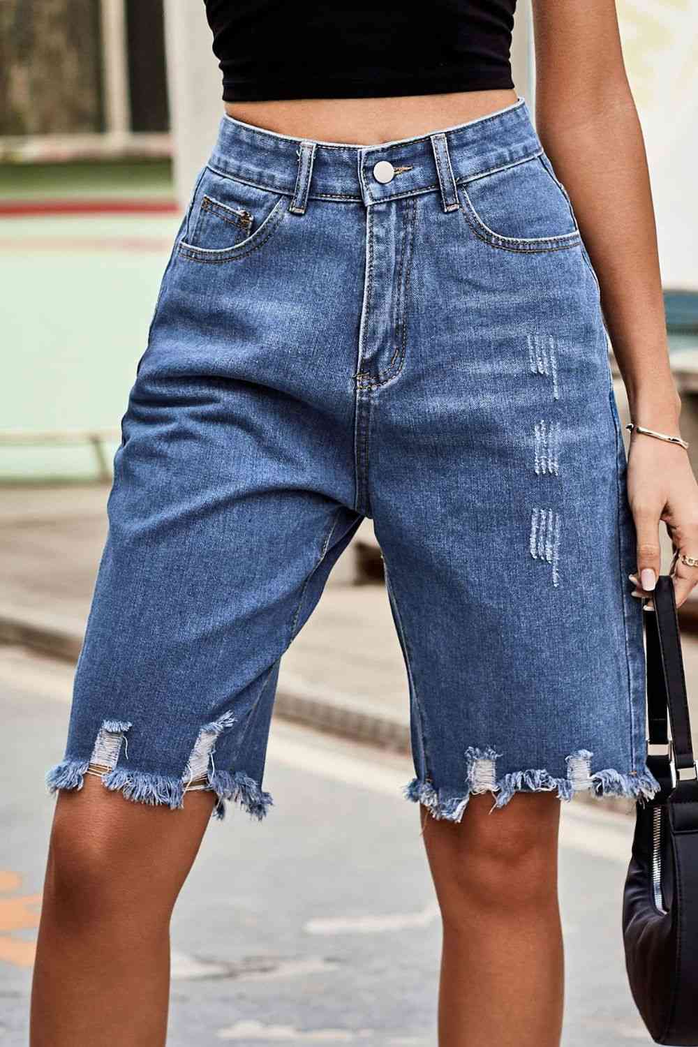 Stilla | Hem Høj Talje Denim Shorts Med Lommer
