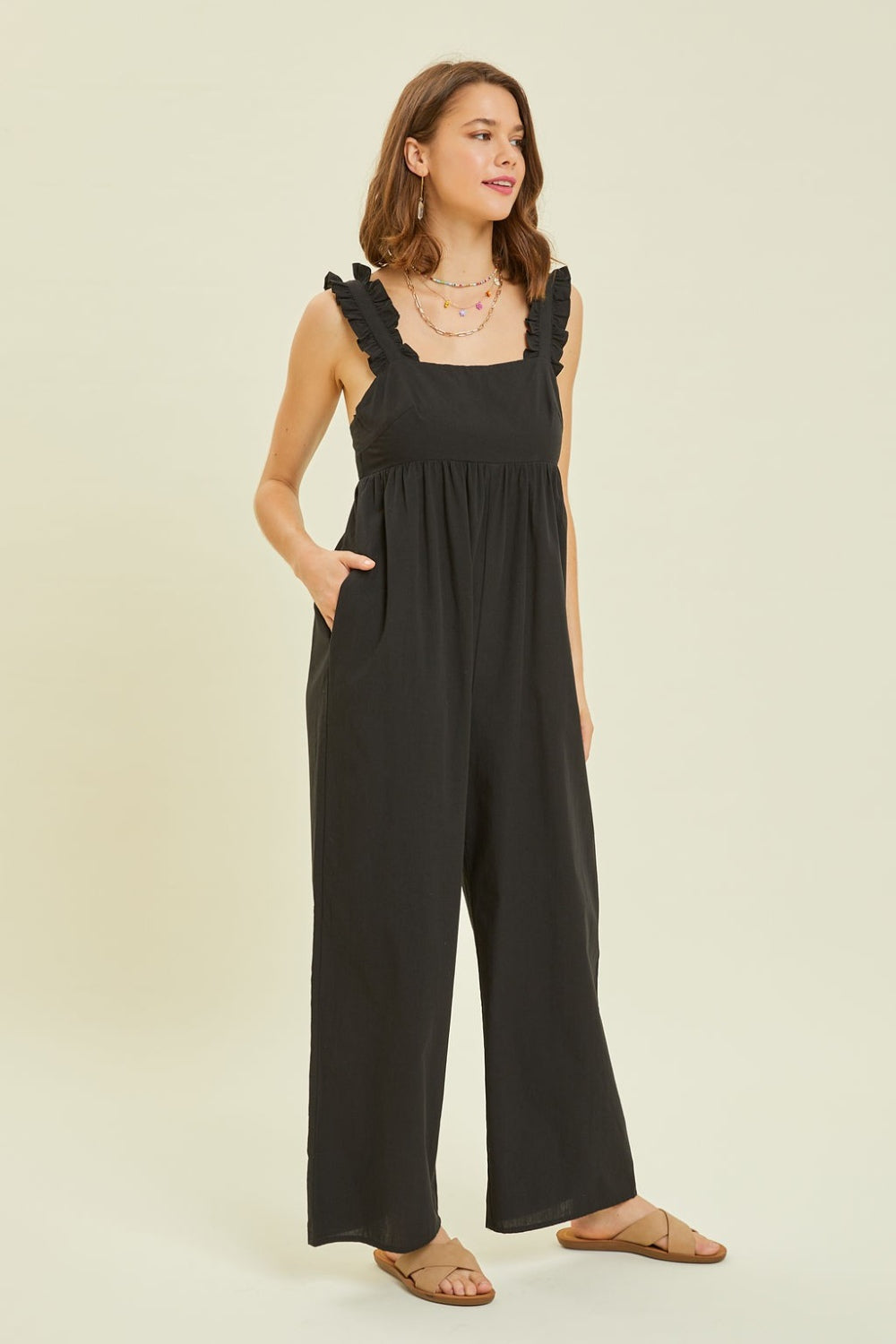 Stilla | Full Size Ruffled Strap Back Tie Wide Leg Jumpsuit