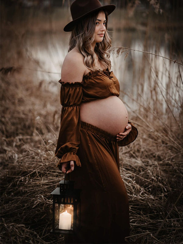 Stilla | Marrone 2 in 1 Boemia Rynker Snore Skuldre Ude Maxi Fotografisk Maternity Kjoler