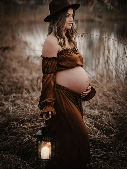 Stilla | Marrone 2 in 1 Boemia Rynker Snore Skuldre Ude Maxi Fotografisk Maternity Kjoler