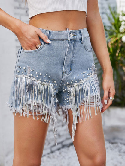 Stilla | Perle trim denim shorts med lommer
