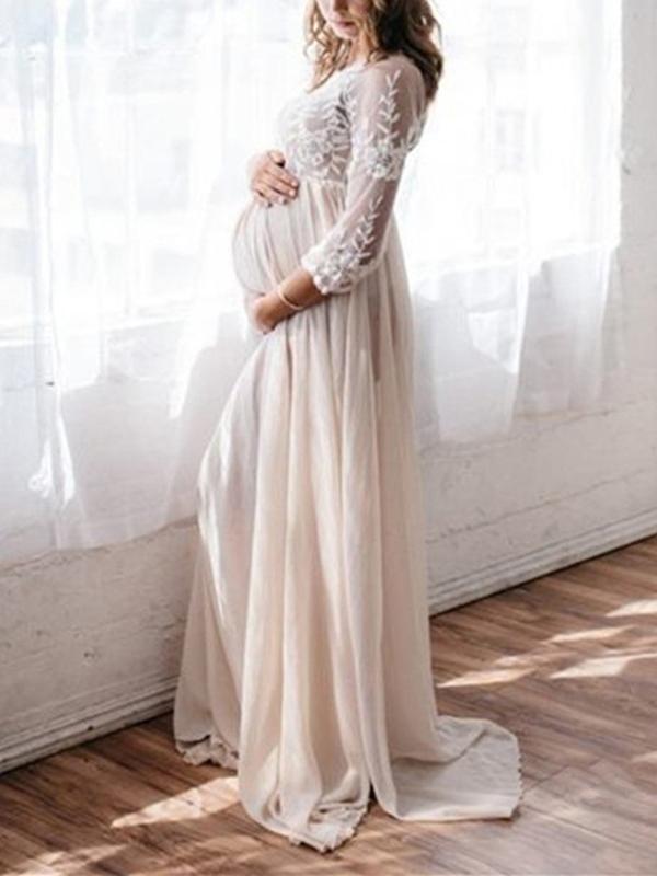 Stilla | Lang Chiffon Blonde Gravide Kjole Til Baby Shower Rund Hals Langærmet Elegante Brudekjole