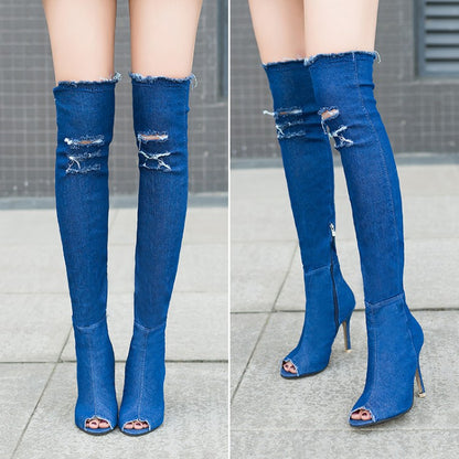 Dame Høje Overknee Støvler i Denim med mode Cut-Outs og elegant peep-toe Stilla