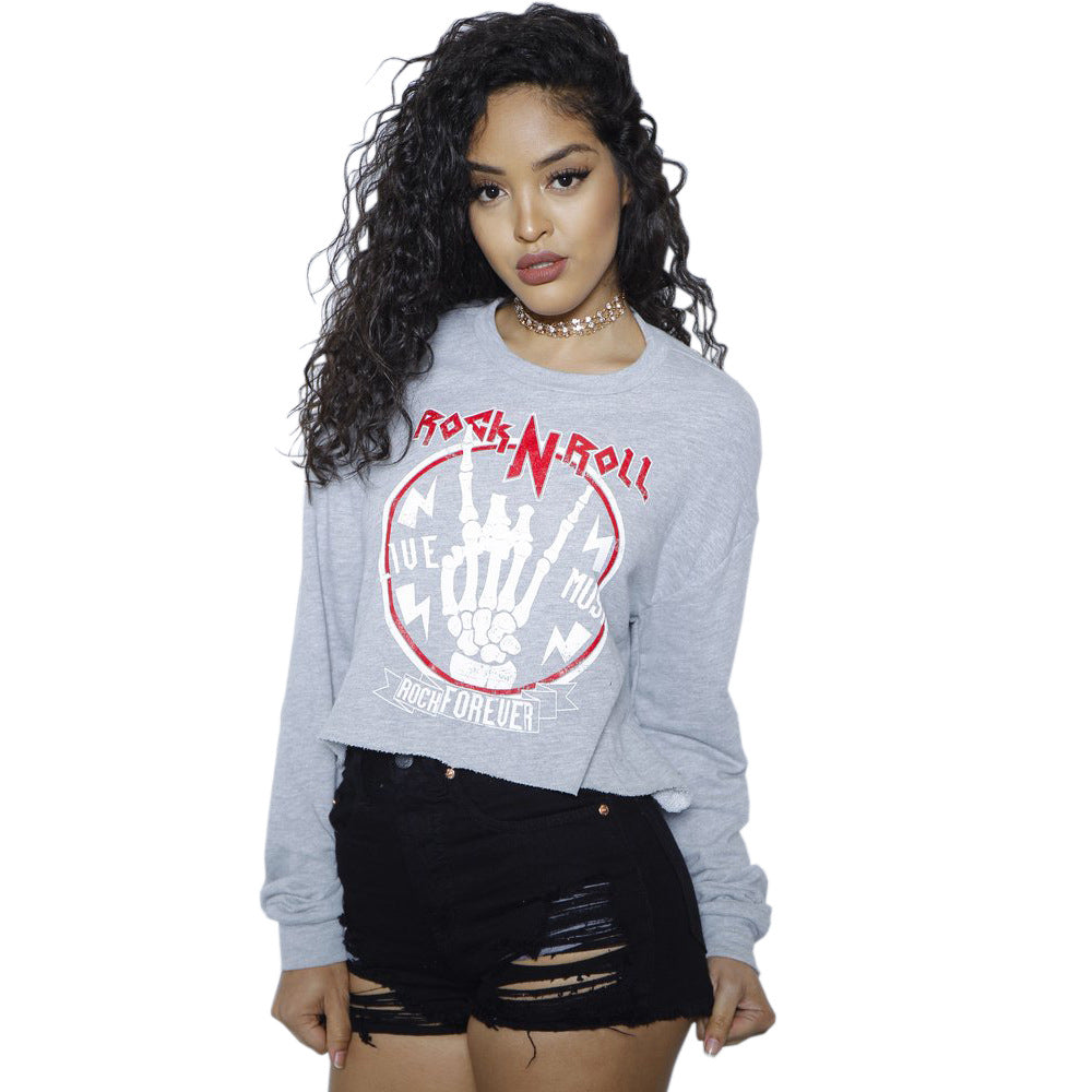 Dame afslappet cropped sweatshirt med grafisk tryk og kontrasterende ærmeafslutninger Stilla