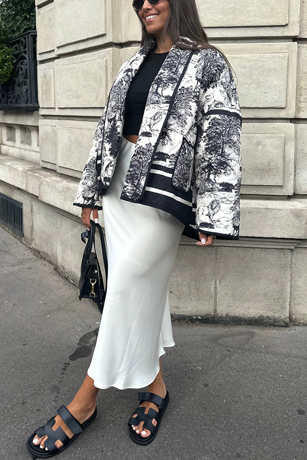 Stilla | Songs Porcelæns Tinte Trykt Taske Stoppet Bomulds Kimono Jakke