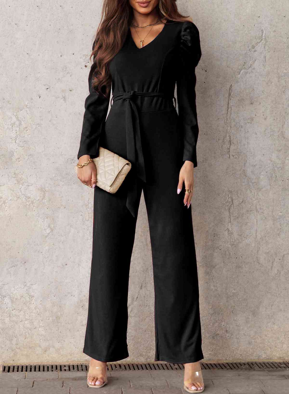 Stilla | Lang Puff Ærme V-hals Jumpsuit