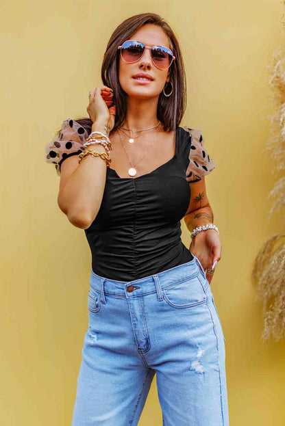 Stilla | Dot Mesh Puff Sleeve Spliced Bodysuit