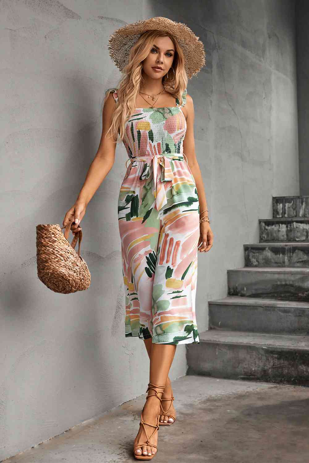 Stilla | Ruffle Strap Smocked Belted Jumpsuit