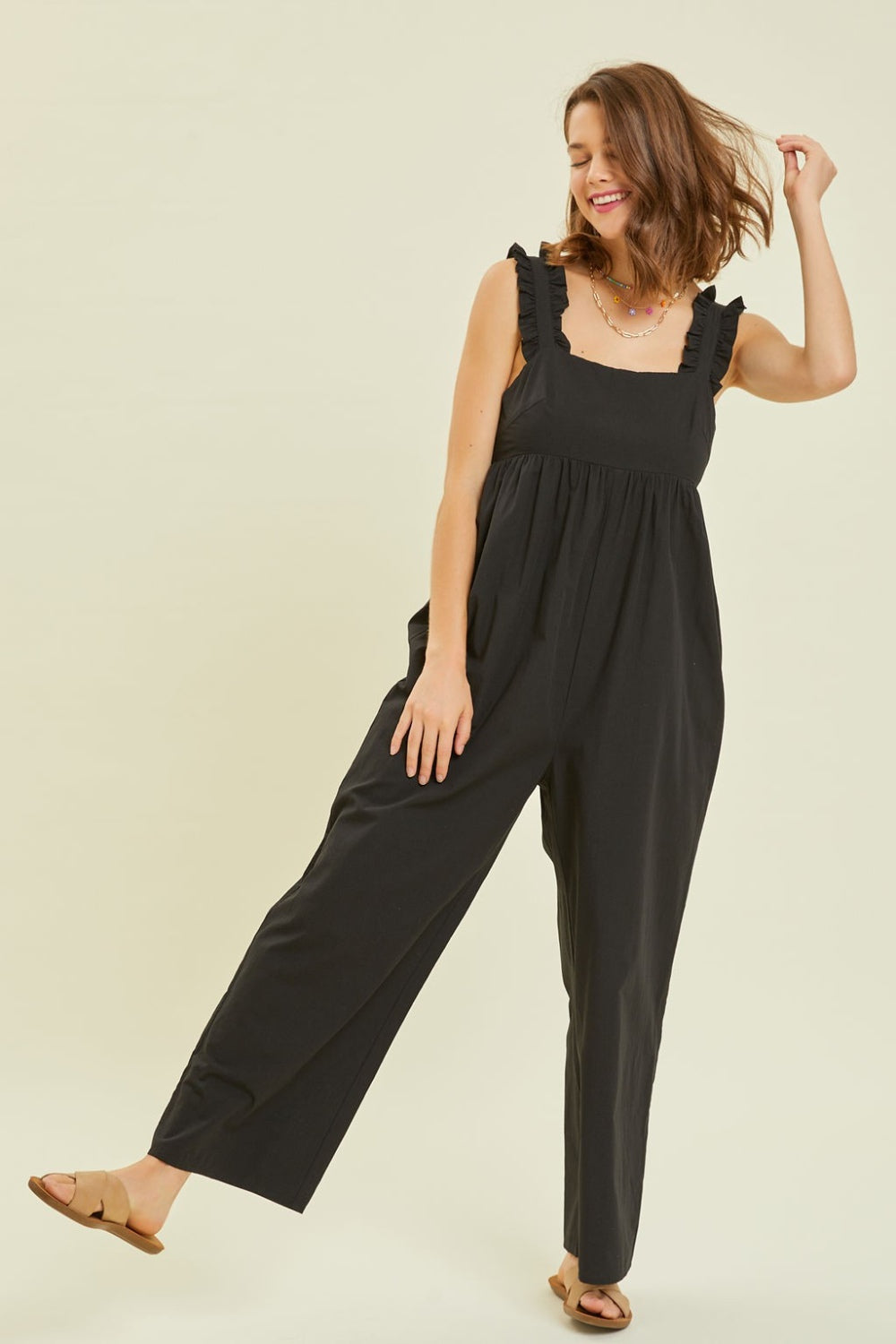 Stilla | Full Size Ruffled Strap Back Tie Wide Leg Jumpsuit